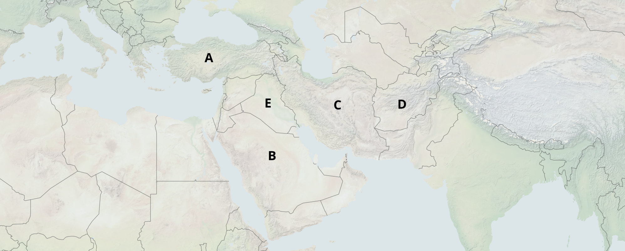 Political map of the Middle East with choices A to E